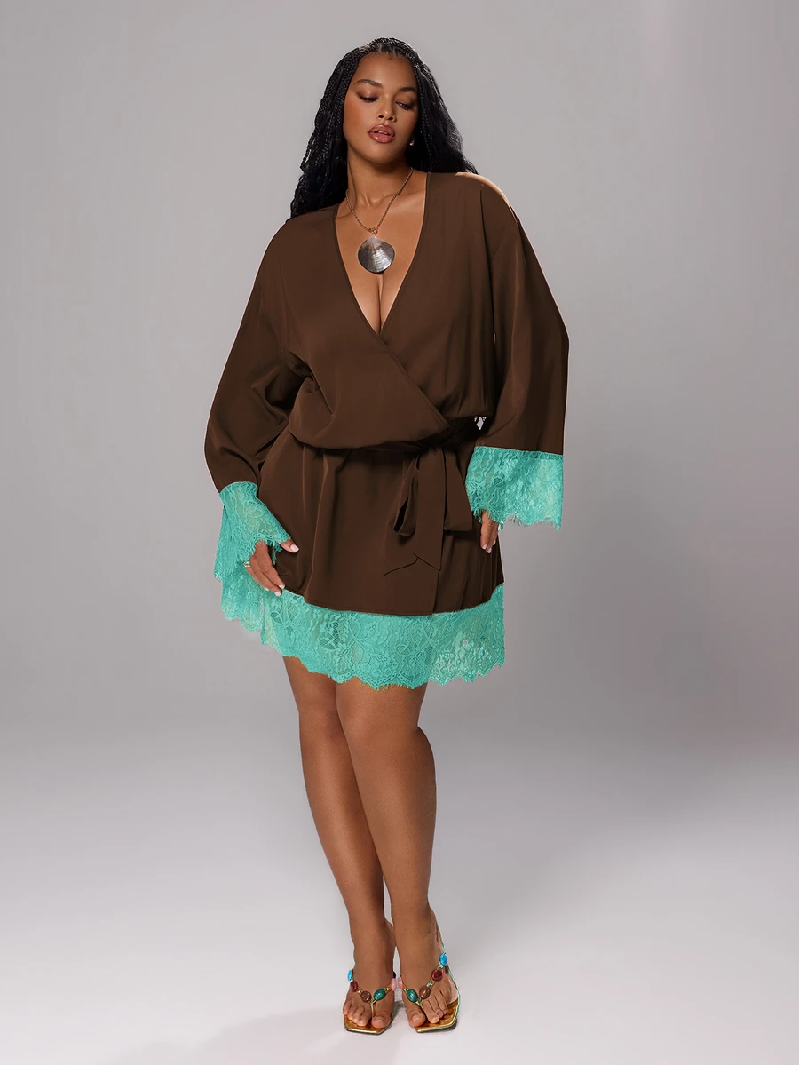 Rustia Plus Size Tie Waist Contrast Lace Sexy Contrast Color Dress Early Autumn - Brown - View 1