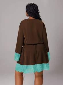 Rustia Plus Size Tie Waist Contrast Lace Sexy Contrast Color Dress Early Autumn - Brown - View 2