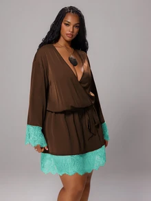 Rustia Plus Size Tie Waist Contrast Lace Sexy Contrast Color Dress Early Autumn - Brown - View 4