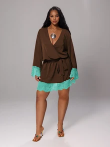 Rustia Plus Size Tie Waist Contrast Lace Sexy Contrast Color Dress Early Autumn - Brown - View 3