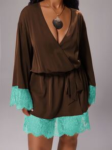 Rustia Plus Size Tie Waist Contrast Lace Sexy Contrast Color Dress Early Autumn - Brown - View 6