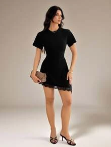SHEIN Tall Tall Women's Elegant Sexy Lace-Panelled Mini Dress With Asymmetric Hem And Fitted Waist Night Out Going Out Black Summer - Black - View 7
