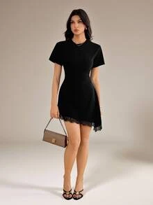 SHEIN Tall Tall Women's Elegant Sexy Lace-Panelled Mini Dress With Asymmetric Hem And Fitted Waist Night Out Going Out Black Summer - Black - View 4