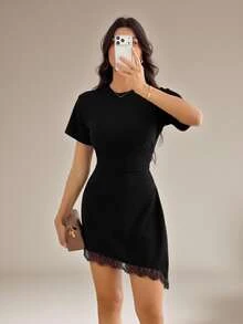 SHEIN Tall Tall Women's Elegant Sexy Lace-Panelled Mini Dress With Asymmetric Hem And Fitted Waist Night Out Going Out Black Summer - Black - View 9