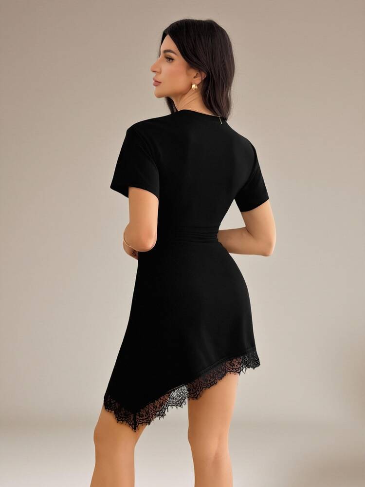 SHEIN Tall 高個女性優雅性感蕾絲拼接迷你洋裝，不對稱下擺、收腰設計，黑色夏季夜店外出裙 - 黑色 - 查看 2