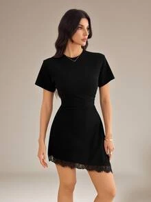 SHEIN Tall Tall Women's Elegant Sexy Lace-Panelled Mini Dress With Asymmetric Hem And Fitted Waist Night Out Going Out Black Summer - Black - View 3