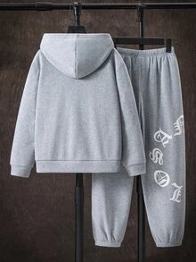 SHEIN 青少年男孩字母印花長袖連帽衛衣與運動長褲休閒套裝 - 灰色 - 查看 3