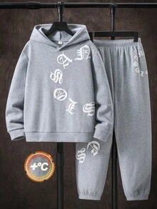 SHEIN 青少年男孩字母印花長袖連帽衛衣與運動長褲休閒套裝 - 灰色 - 查看 6