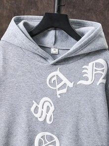 SHEIN 青少年男孩字母印花長袖連帽衛衣與運動長褲休閒套裝 - 灰色 - 查看 8