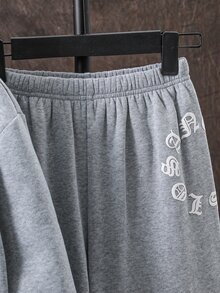 SHEIN 青少年男孩字母印花長袖連帽衛衣與運動長褲休閒套裝 - 灰色 - 查看 4