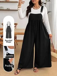 Enliva Plus Size Women's Overall Jumpsuit Sleeveless Adjustable Strap Wide Leg Loose Fit Casual Romper Flattering Compatible With Apple Shape - Black - View 1