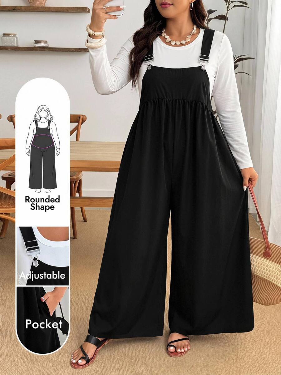 Enliva Plus Size Women's Overall Jumpsuit Sleeveless Adjustable Strap Wide Leg Loose Fit Casual Romper Flattering Compatible With Apple Shape - Black - View 1