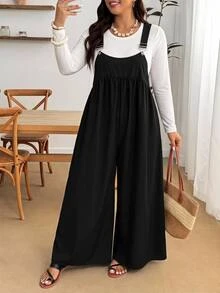 Enliva Plus Size Women's Overall Jumpsuit Sleeveless Adjustable Strap Wide Leg Loose Fit Casual Romper Flattering Compatible With Apple Shape - Black - View 4