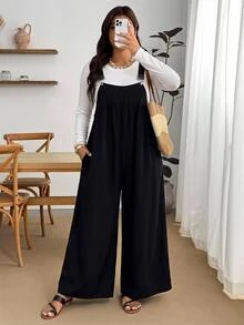 Enliva Plus Size Women's Overall Jumpsuit Sleeveless Adjustable Strap Wide Leg Loose Fit Casual Romper Flattering Compatible With Apple Shape - Black - View 3