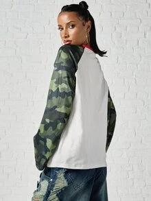 SUMWON WOMEN Oversized Camo Raglan Long Sleeve Top With Red Ringer Neckline And Mesh Sleeves Featuring Script Chest Logo Print - Multicolor - View 5