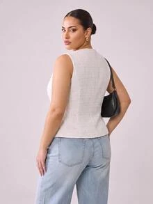 Hourglow Plus Size Women's Metal Button Tweed Waist-Cinching Fitted Vest - Beige - View 2