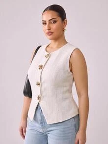 Hourglow Plus Size Women's Metal Button Tweed Waist-Cinching Fitted Vest - Beige - View 4