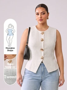 Hourglow Plus Size Women's Metal Button Tweed Waist-Cinching Fitted Vest - Beige - View 6