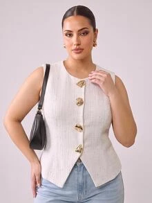 Hourglow Plus Size Women's Metal Button Tweed Waist-Cinching Fitted Vest - Beige - View 3