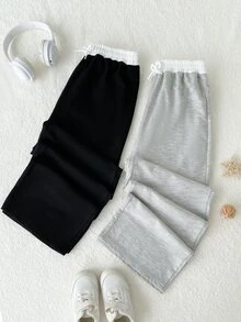 SHEIN Tween女孩秋冬休閒百搭街頭風寬鬆寬腿拼接撞色雙腰頭設計運動褲2件套，適合外出、上學、購物等多種場合 - 彩色 - 查看 5