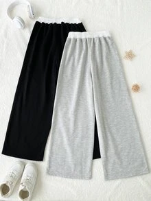 SHEIN Tween女孩秋冬休閒百搭街頭風寬鬆寬腿拼接撞色雙腰頭設計運動褲2件套，適合外出、上學、購物等多種場合 - 彩色 - 查看 2