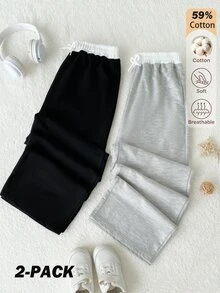 SHEIN Tween女孩秋冬休閒百搭街頭風寬鬆寬腿拼接撞色雙腰頭設計運動褲2件套，適合外出、上學、購物等多種場合 - 彩色 - 查看 4