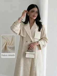 Yasveil Women Cream Jacquard Embossed Notched Lapel Double Breasted Wide Sleeve Loose Abaya Coat Dubai Middle East Fall Formal Kaftan Robe - Apricot - View 9
