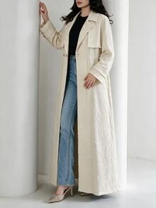 Yasveil Women Cream Jacquard Embossed Notched Lapel Double Breasted Wide Sleeve Loose Abaya Coat Dubai Middle East Fall Formal Kaftan Robe - Apricot - View 8