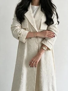 Yasveil Women Cream Jacquard Embossed Notched Lapel Double Breasted Wide Sleeve Loose Abaya Coat Dubai Middle East Fall Formal Kaftan Robe - Apricot - View 6