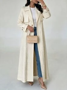 Yasveil Women Cream Jacquard Embossed Notched Lapel Double Breasted Wide Sleeve Loose Abaya Coat Dubai Middle East Fall Formal Kaftan Robe - Apricot - View 7