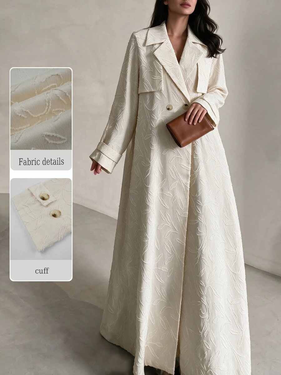 Yasveil Women Cream Jacquard Embossed Notched Lapel Double Breasted Wide Sleeve Loose Abaya Coat Dubai Middle East Fall Formal Kaftan Robe - Apricot - View 1
