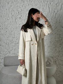 Yasveil Women Cream Jacquard Embossed Notched Lapel Double Breasted Wide Sleeve Loose Abaya Coat Dubai Middle East Fall Formal Kaftan Robe - Apricot - View 5