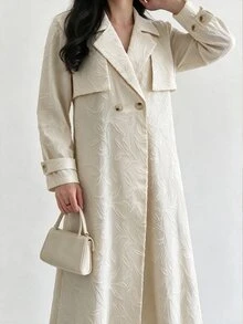 Yasveil Women Cream Jacquard Embossed Notched Lapel Double Breasted Wide Sleeve Loose Abaya Coat Dubai Middle East Fall Formal Kaftan Robe - Apricot - View 4