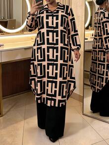 SHEIN Lady Setelan 2 Potong Kemeja Panjang dan Celana Motif Seluruh Permukaan untuk Kantor, Pesta, dan Acara Malam Hari, Cocok untuk Ukuran Plus, Warna Beige Hitam, Elegan dan Sederhana untuk Musim Gugur. - MultiWarna - View 3