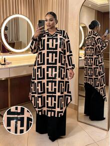 SHEIN Lady Setelan 2 Potong Kemeja Panjang dan Celana Motif Seluruh Permukaan untuk Kantor, Pesta, dan Acara Malam Hari, Cocok untuk Ukuran Plus, Warna Beige Hitam, Elegan dan Sederhana untuk Musim Gugur. - MultiWarna - View 4