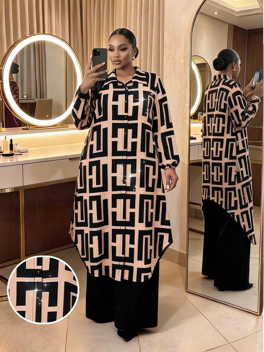 SHEIN Lady Plus Size Fashion Commuter Office Brunch Party Evening All-Over Print Long Shirt And Pants 2 Pieces Set Autumn Beige Black Modest Elegant Fall - Multicolor - View 1