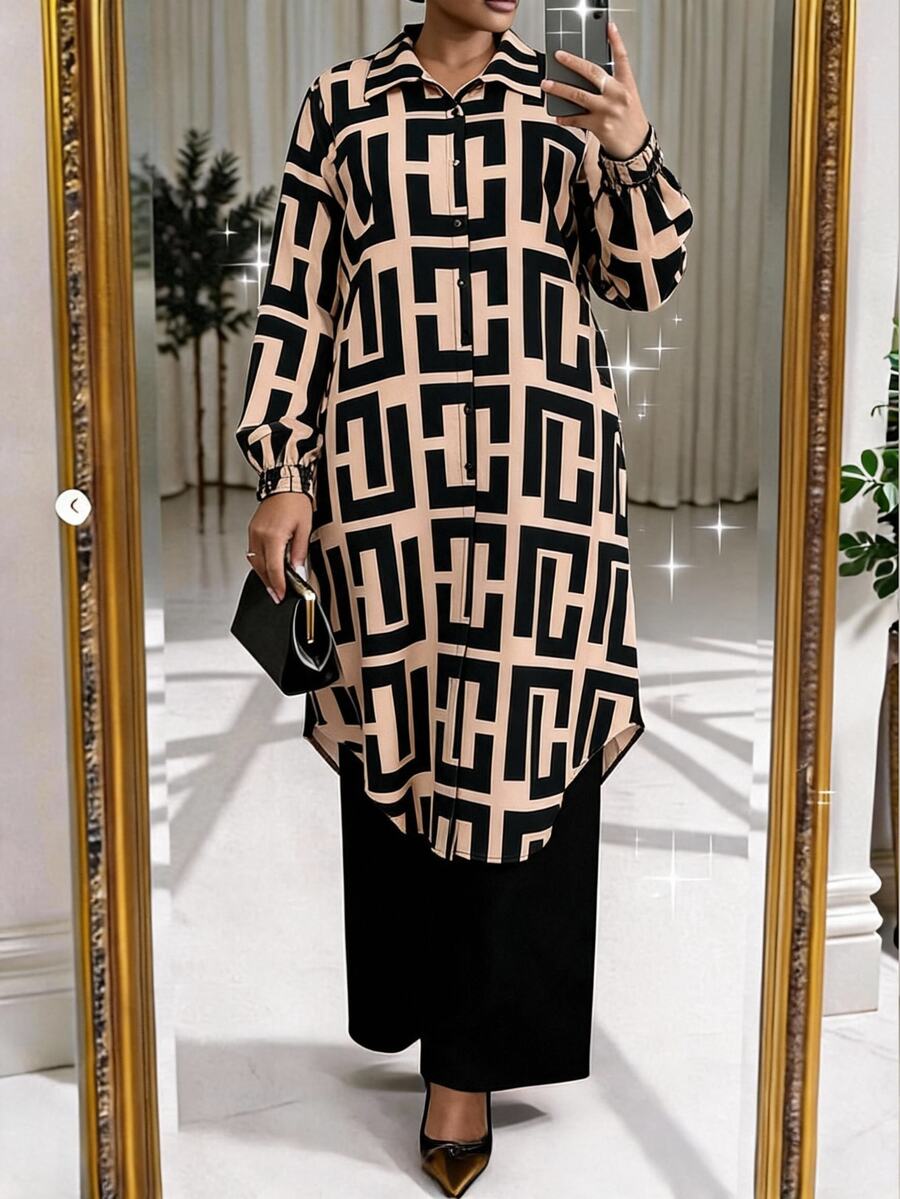SHEIN Lady Setelan 2 Potong Kemeja Panjang dan Celana Motif Seluruh Permukaan untuk Kantor, Pesta, dan Acara Malam Hari, Cocok untuk Ukuran Plus, Warna Beige Hitam, Elegan dan Sederhana untuk Musim Gugur. - MultiWarna - View 1