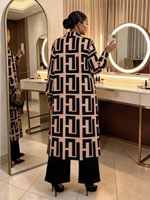 SHEIN Lady Setelan 2 Potong Kemeja Panjang dan Celana Motif Seluruh Permukaan untuk Kantor, Pesta, dan Acara Malam Hari, Cocok untuk Ukuran Plus, Warna Beige Hitam, Elegan dan Sederhana untuk Musim Gugur. - MultiWarna - View 2