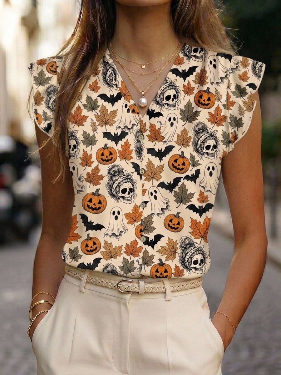 EMERY ROSE Kemeja Wanita Motif Tengkorak, , Hantu, Daun Maple untuk Halloween, Cocok untuk Siang Hari, Liburan, Pesta, Rave, Warna Beige, Musim Panas, Gaya Retro Kasual.