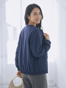 Yunfilé Women's New Autumn Navy Blue Round Neck Ruched Zipper Jacket, Raglan Lantern Sleeves, Elastic Hem, Loose Fit Slimming Short Jacket - Navy Blue - View 2