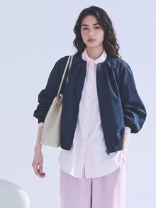 Yunfilé Women's New Autumn Navy Blue Round Neck Ruched Zipper Jacket, Raglan Lantern Sleeves, Elastic Hem, Loose Fit Slimming Short Jacket - Navy Blue - View 4