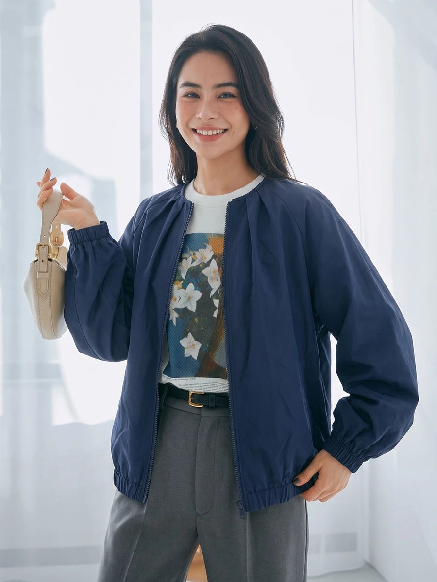 Yunfilé Women's New Autumn Navy Blue Round Neck Ruched Zipper Jacket, Raglan Lantern Sleeves, Elastic Hem, Loose Fit Slimming Short Jacket - Navy Blue - View 1