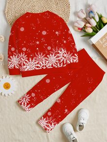 女童休閒聖誕可愛卡通企鵝圖案漸層雪花節慶紅圓領抓絨內裡長袖衛衣＋內搭褲兩件套，適合秋冬精靈風，舒適好穿 - 彩色 - 查看 4