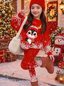 女童休閒聖誕可愛卡通企鵝圖案漸層雪花節慶紅圓領抓絨內裡長袖衛衣＋內搭褲兩件套，適合秋冬精靈風，舒適好穿 - 彩色 - 查看 1