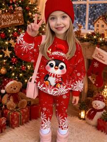 女童休閒聖誕可愛卡通企鵝圖案漸層雪花節慶紅圓領抓絨內裡長袖衛衣＋內搭褲兩件套，適合秋冬精靈風，舒適好穿 - 彩色 - 查看 2