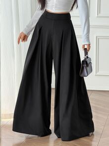 SHEIN PETITE Celana Panjang Wanita Polos Pinggang Tinggi Berlipit dengan Kantong Longgar dan Lebar - Hitam - View 6