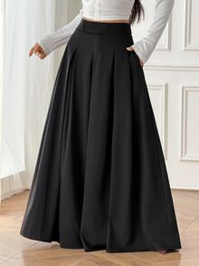 SHEIN PETITE Celana Panjang Wanita Polos Pinggang Tinggi Berlipit dengan Kantong Longgar dan Lebar - Hitam - View 5