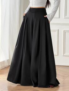 SHEIN PETITE Celana Panjang Wanita Polos Pinggang Tinggi Berlipit dengan Kantong Longgar dan Lebar - Hitam - View 4