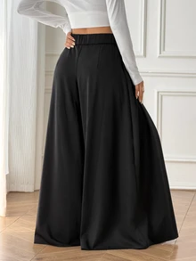 SHEIN PETITE Celana Panjang Wanita Polos Pinggang Tinggi Berlipit dengan Kantong Longgar dan Lebar - Hitam - View 2