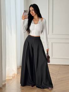 SHEIN PETITE Celana Panjang Wanita Polos Pinggang Tinggi Berlipit dengan Kantong Longgar dan Lebar - Hitam - View 3